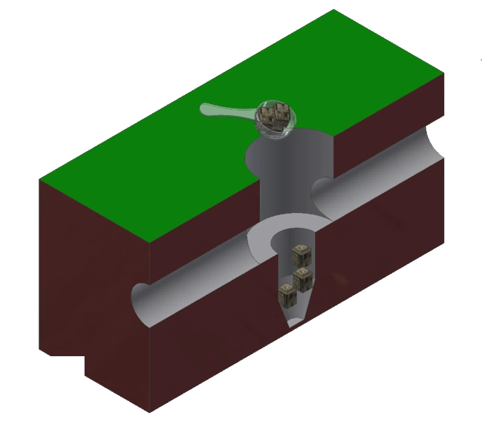 Illustration showing one scoop of calcium carbide added into mole tunnel for Taupe-Stop-Mole