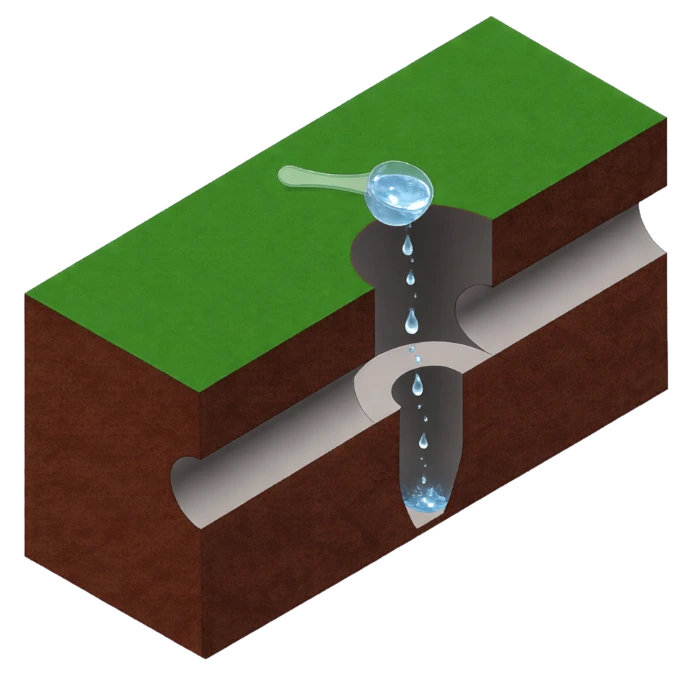 Illustration showing one scoop of water added to calcium carbide in mole tunnel for Taupe-Stop-Mole