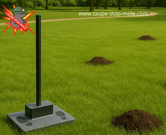 Taupe-Stop-Mole effective mole deterrent for garden lawns Taupe-Stop-Mole mole repeller installed in lawn with molehills to deter moles from the garden