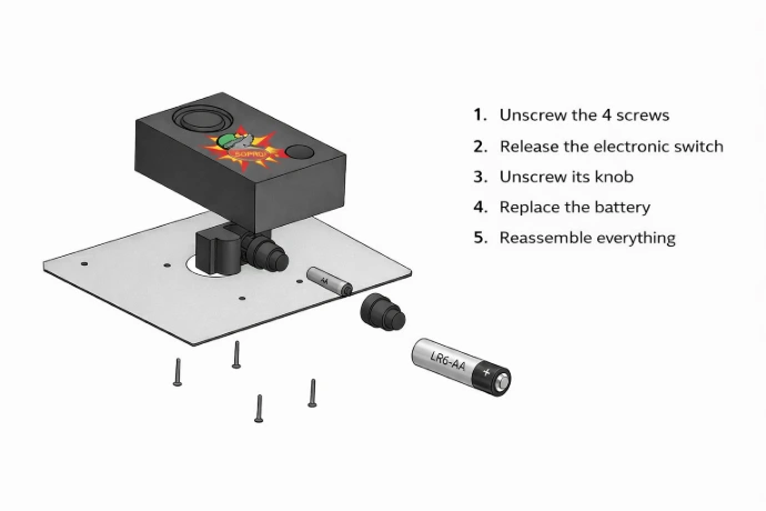 Taupe-Stop-Mole battery replacement guide Illustration showing step-by-step battery replacement for Taupe-Stop-Mole mole repeller