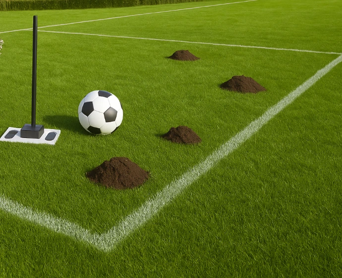 Taupe Stop Mole on football field with molehills Anti-mole product next to a soccer field with molehills – Taupe Stop Mole