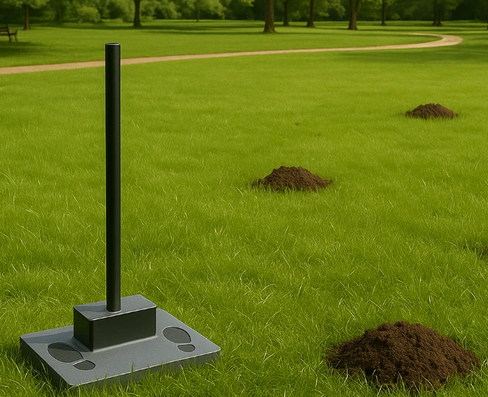 Taupe Stop Mole in park with molehills Anti-mole device in a lawn with molehills – Taupe Stop Mole